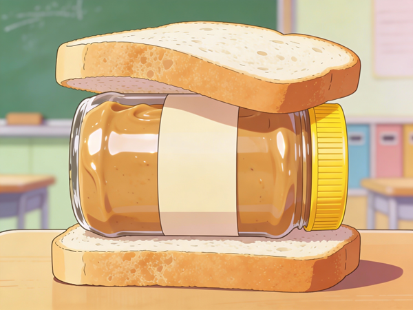 AI-generated illustration of a jar of peanut butter between two slices of bread, sitting on a classroom desk